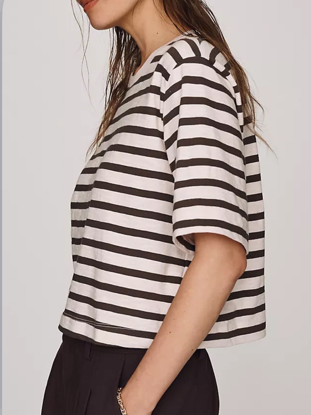 ANTHROPOLOGIE MAEVE Corey Short Sleeve Boxy Tee in PinkTaupe Brown Stripe XS